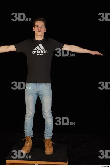 Whole Body Man White Shirt T shirt Jeans Slim Standing Studio photo references