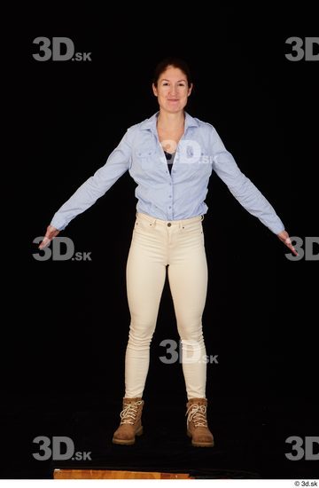 Whole Body Woman White Casual Shirt Jeans Slim Pregnant Standing Studio photo references