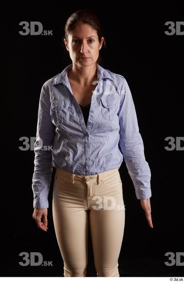 Whole Body Woman White Casual Shirt Jeans Slim Pregnant Kneeling Studio photo references