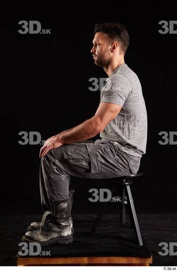 Whole Body Man White Shoes Shirt Trousers Muscular Sitting Studio photo references