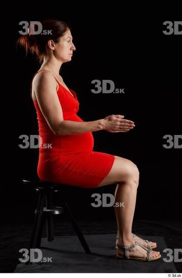 Whole Body Woman White Dress Pregnant Sitting Studio photo references