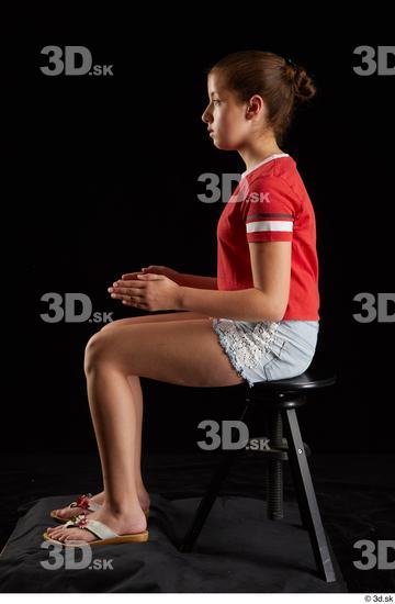 Whole Body Woman White Shirt Jeans Shorts Average Sitting Studio photo references