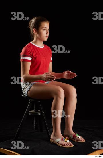 Whole Body Woman White Shirt Jeans Shorts Average Sitting Studio photo references