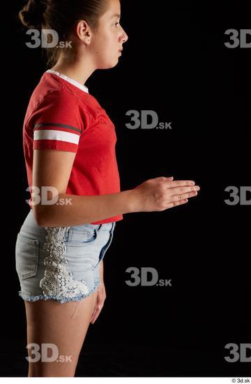 Arm Woman White Shirt Jeans Shorts Average Studio photo references