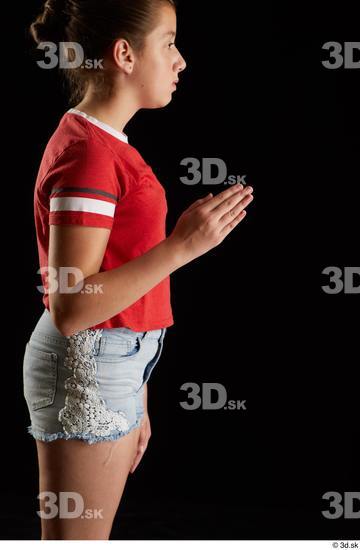 Arm Woman White Shirt Jeans Shorts Average Studio photo references