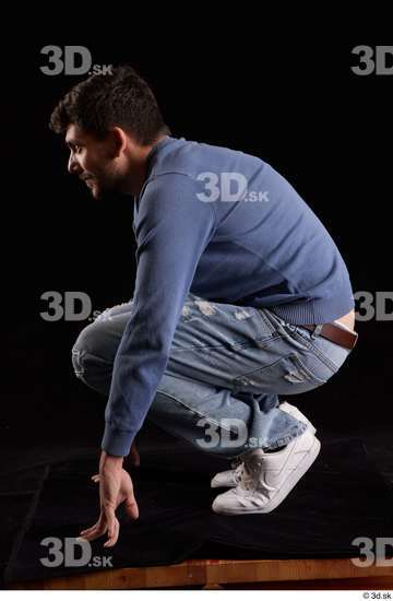 Whole Body Man White Sweatshirt Jeans Slim Kneeling Studio photo references