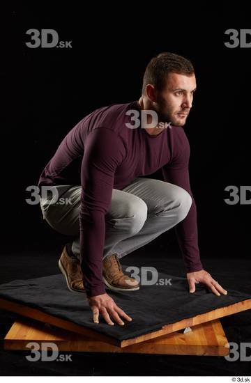 Whole Body Man White Shoes Sweatshirt Trousers Slim Kneeling Studio photo references