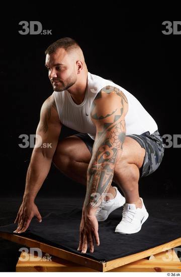 Whole Body Man White Sports Shorts Muscular Kneeling Top Studio photo references