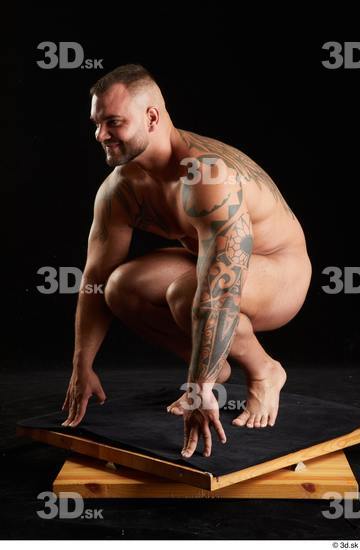 Whole Body Man White Nude Muscular Kneeling Studio photo references