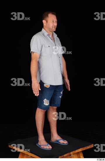 Whole Body Man White Casual Shirt Jeans Shorts Chubby Standing Studio photo references