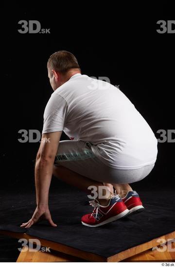 Whole Body Man White Sports Shirt Shorts Chubby Kneeling Studio photo references