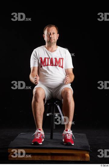 Whole Body Man White Sports Shirt Shorts Chubby Sitting Studio photo references