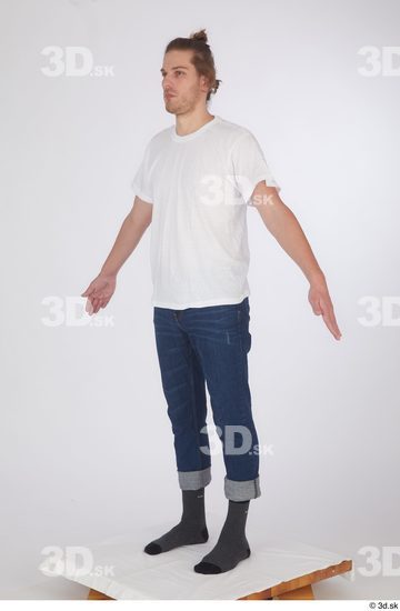 Whole Body Man White Casual Shirt Jeans Slim Standing Studio photo references