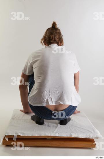 Whole Body Man White Casual Shirt Jeans Slim Kneeling Studio photo references