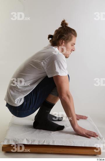 Whole Body Man White Casual Shirt Jeans Slim Kneeling Studio photo references