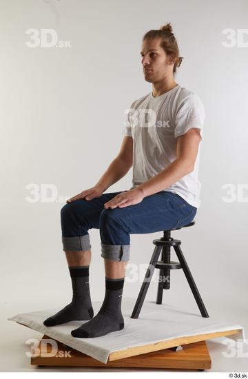 Whole Body Man White Casual Shirt Jeans Slim Sitting Studio photo references