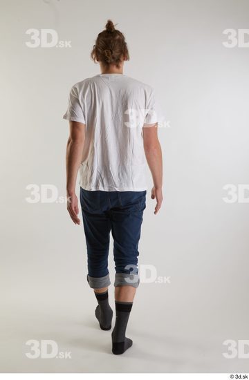 Whole Body Back Man White Casual Shirt Jeans Slim Walking Studio photo references