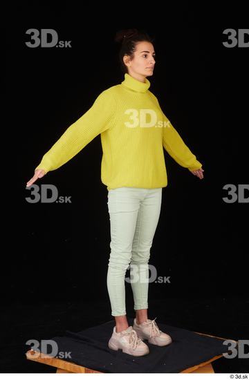 Whole Body Woman White Casual Sweater Jeans Slim Standing Studio photo references