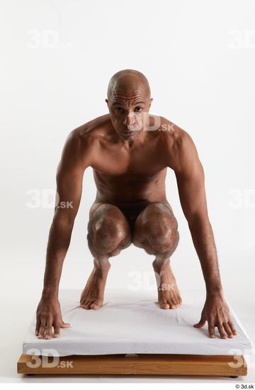 Whole Body Man Black Nude Slim Kneeling Studio photo references