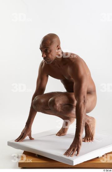 Whole Body Man Black Nude Slim Kneeling Studio photo references