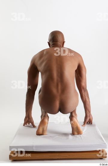 Whole Body Man Black Nude Slim Kneeling Studio photo references