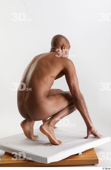 Whole Body Man Black Nude Slim Kneeling Studio photo references