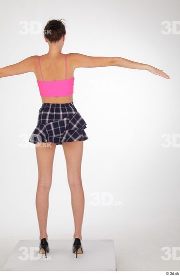 Isabella De Laa black high heels blue short skirt casual dressed pink crop top thin straps standing t pose whole body  jpg