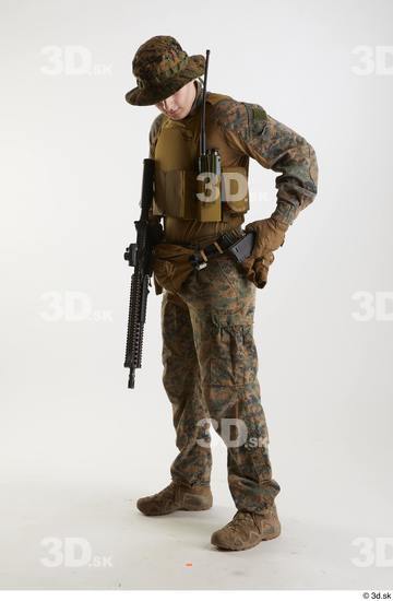 Whole Body Man Pose with machine rifle White Army Athletic Studio photo references