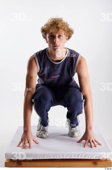 Whole Body Man White Sports Pants Slim Kneeling Top Studio photo references