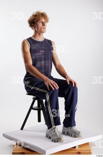 Whole Body Man White Sports Pants Slim Sitting Top Studio photo references