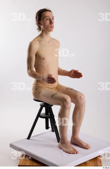 Whole Body Man White Underwear Slim Sitting Studio photo references