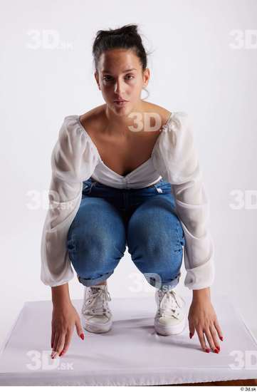 Whole Body Woman White Casual Slim Kneeling Studio photo references