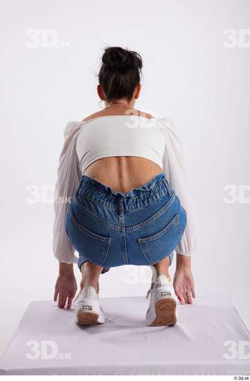 Whole Body Woman White Casual Slim Kneeling Studio photo references