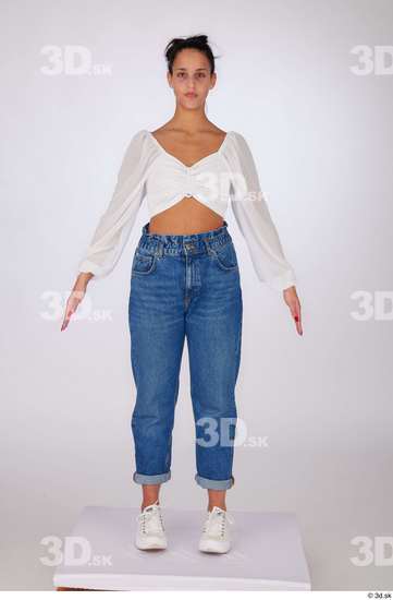 Whole Body Woman White Jeans Blouse Slim Standing Studio photo references