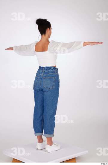 Whole Body Woman White Jeans Blouse Slim Standing Studio photo references