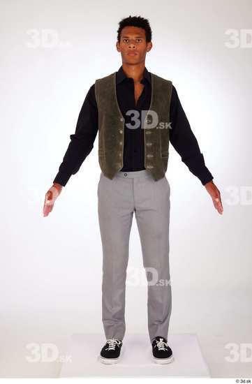 Whole Body Man Black Casual Shirt Trousers Vest Athletic Standing Studio photo references