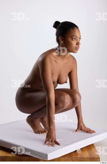 Whole Body Woman Black Nude Slim Kneeling Studio photo references