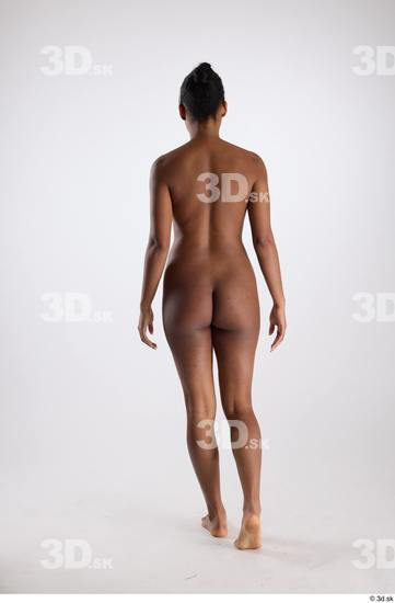 Whole Body Back Woman Black Nude Slim Walking Studio photo references