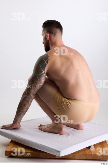 Whole Body Man White Underwear Slim Kneeling Studio photo references