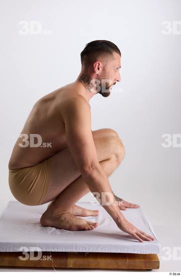 Whole Body Man White Underwear Slim Kneeling Studio photo references