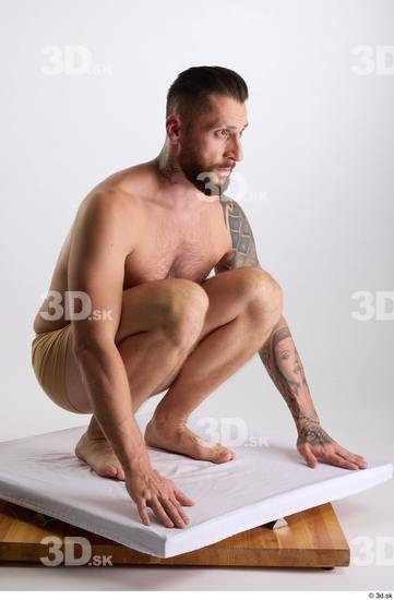 Whole Body Man White Underwear Slim Kneeling Studio photo references