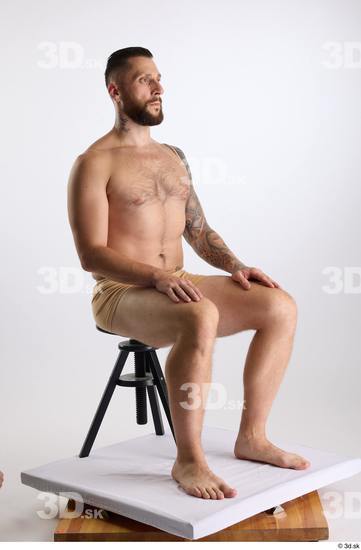 Whole Body Man White Underwear Slim Sitting Studio photo references