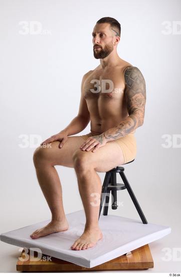 Whole Body Man White Underwear Slim Sitting Studio photo references