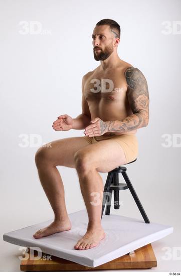 Whole Body Man White Underwear Slim Sitting Studio photo references