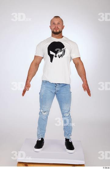 Whole Body Man White Casual Jeans Muscular Standing Studio photo references