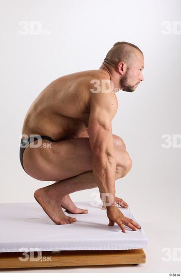 Whole Body Man White Underwear Muscular Kneeling Studio photo references