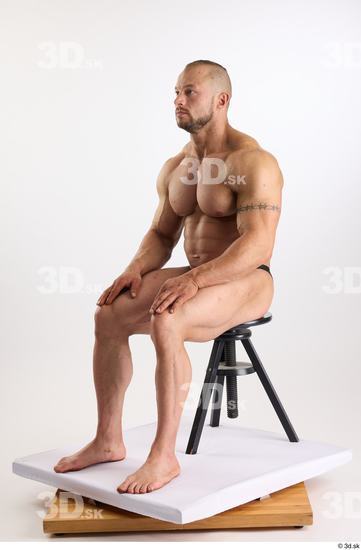 Whole Body Man White Underwear Muscular Sitting Studio photo references