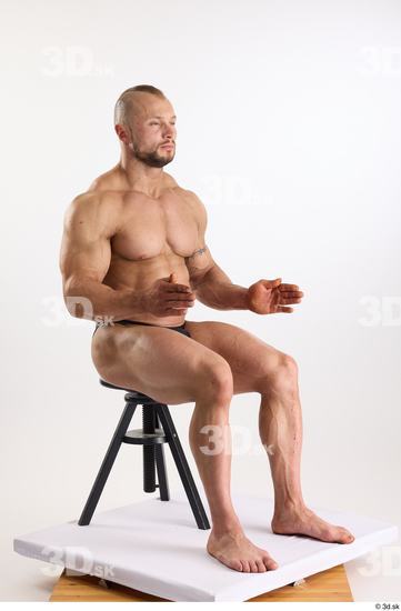 Whole Body Man White Underwear Muscular Sitting Studio photo references