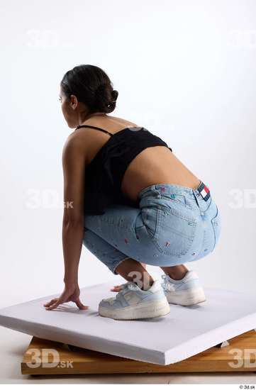 Whole Body Woman Casual Jeans Slim Kneeling Top Studio photo references