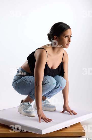 Whole Body Woman Casual Jeans Slim Kneeling Top Studio photo references